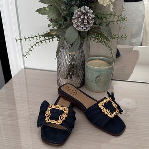 Women's Navy Jean fabric Slide Sandals with Gold Buckle
